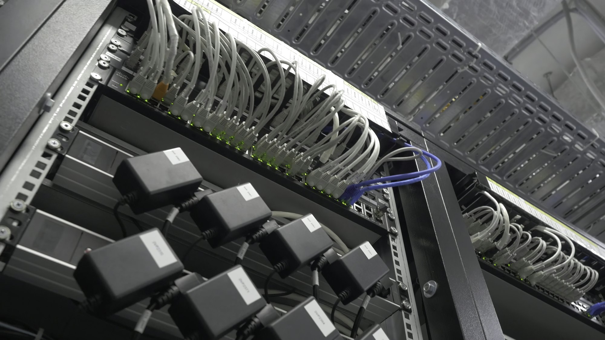 Storage servers are located in the server room of the data center. Back of the server installed in